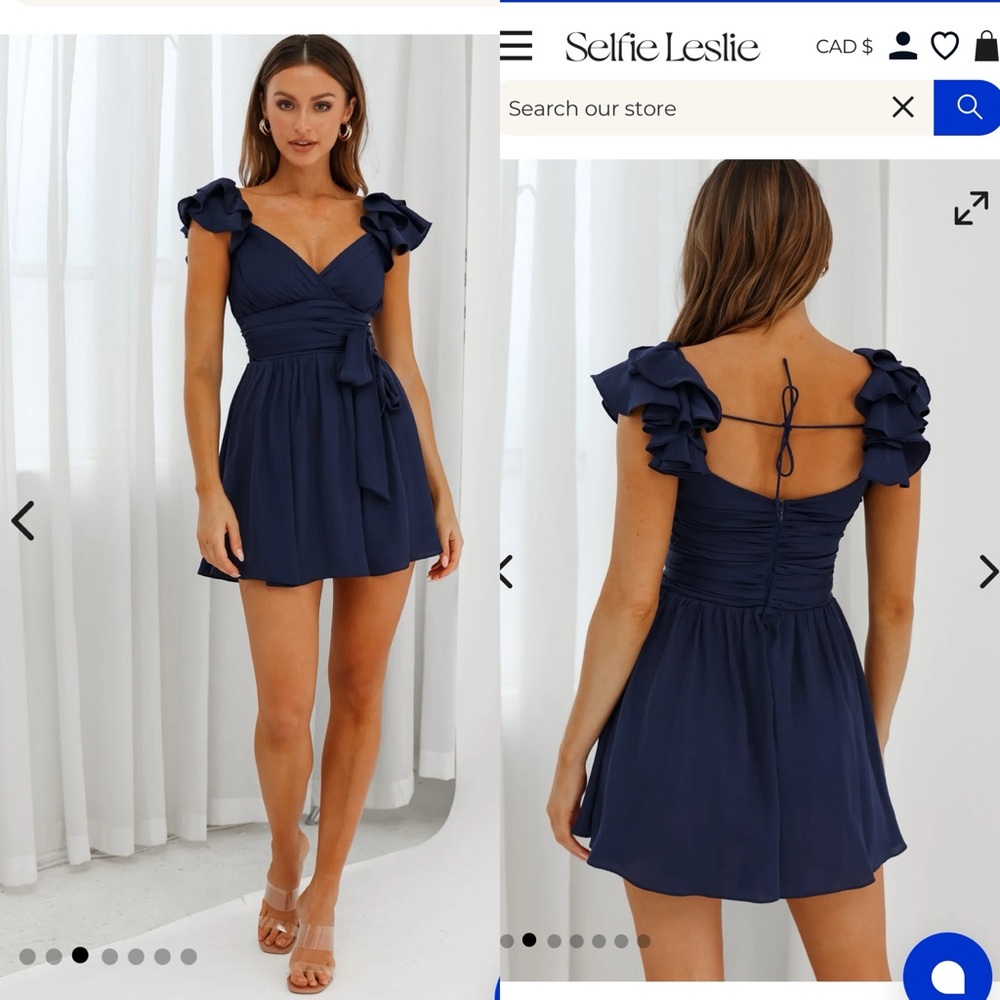 Selfie Leslie “Lola” Ruffle Shoulder Ruched Mini Dress – Navy 💙
